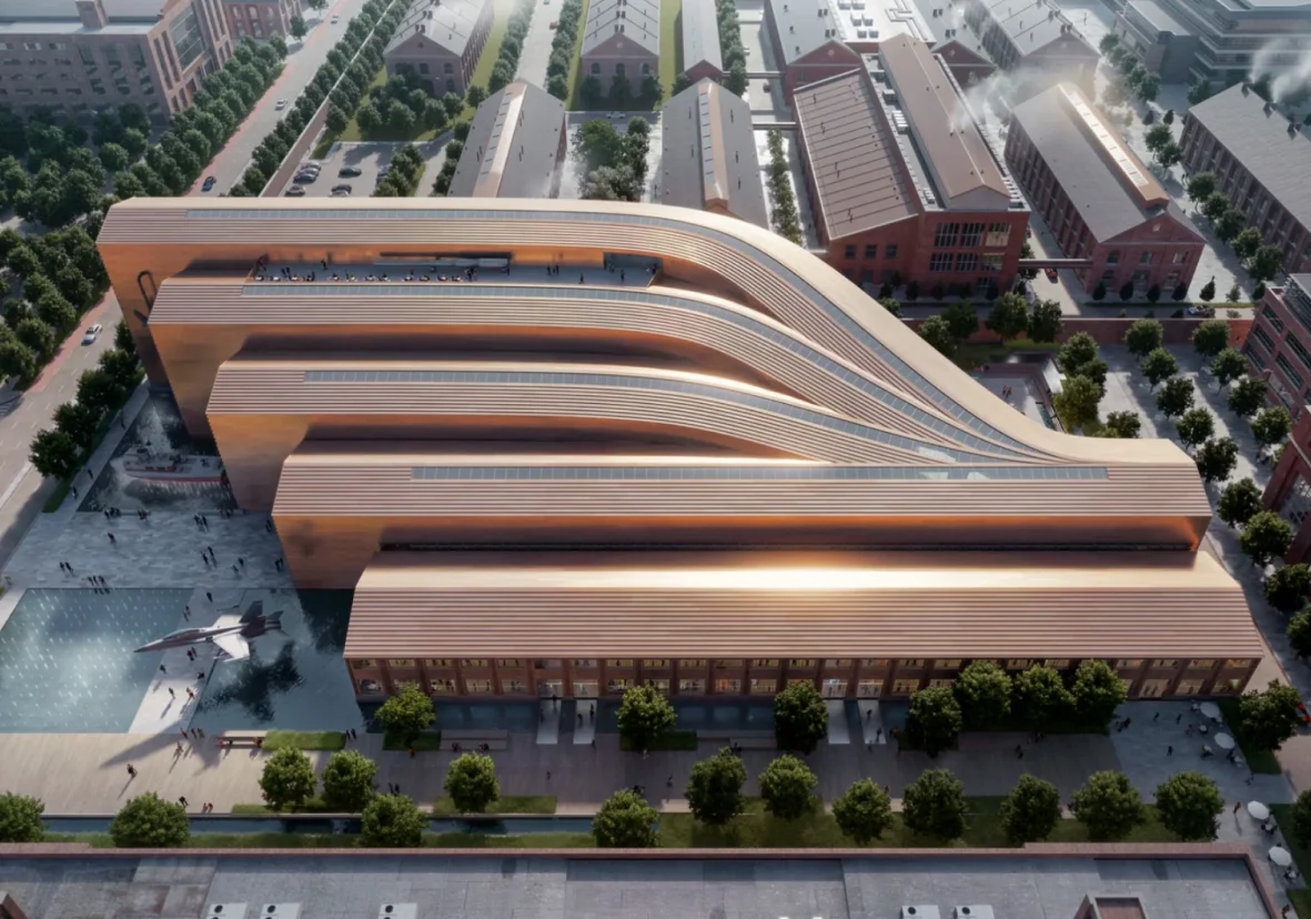 建築分析 &middot; マッシング生成 &mdash; 基于图片1的建筑鸟瞰效果图，转化为BIG风格白底建筑体块生成分析图。画面分为6个步骤：1 基地矩形体量生成；2 沿建筑长向切分为多条平行体块；3 各体块逐级抬升形成层叠屋面；4 中