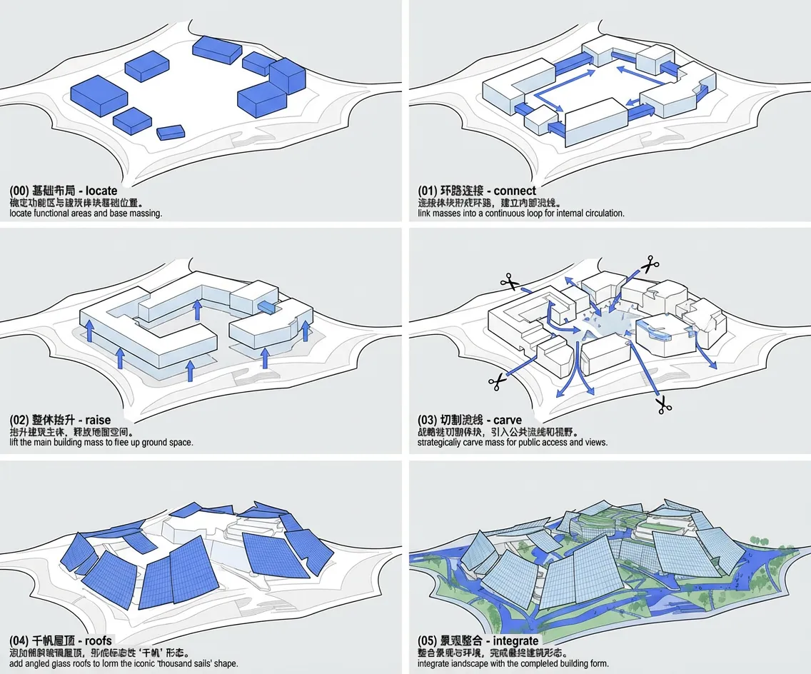 建築分析 &middot; マッシング生成 &mdash; 我现在设计了一个建筑方案，名字是&ldquo;千帆&rdquo;(第一张图)。现在需要你绘制一个建筑的体块生成的分析图(只模仿第二张图的风格)，分成六个步骤，分析第一张图中建筑形体的生成过程，用中文输出，