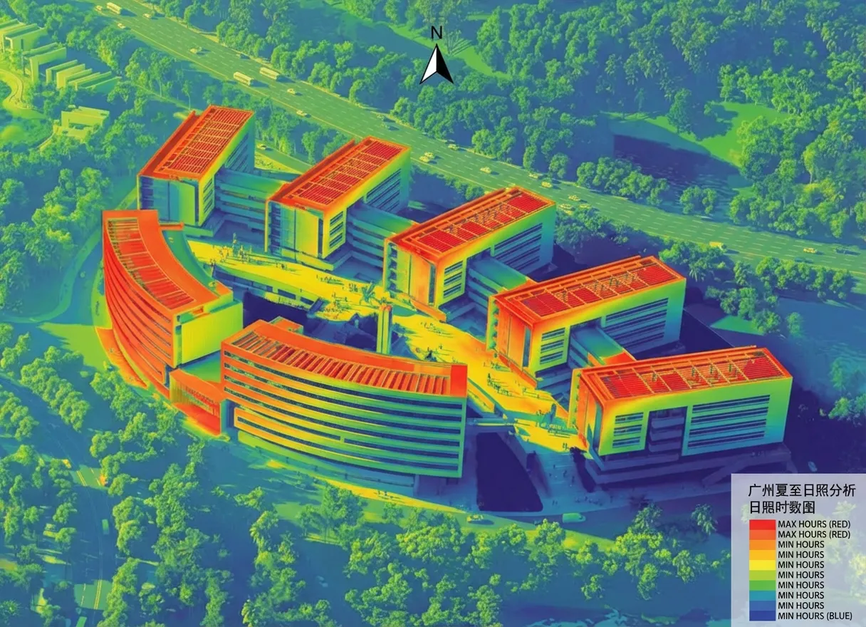 建築分析 &middot; 日照シミュレーション &mdash; 生成这组建筑的日照分析图，建筑位于广州，图片上方是北，请生成专业的日照分析，不改变构图