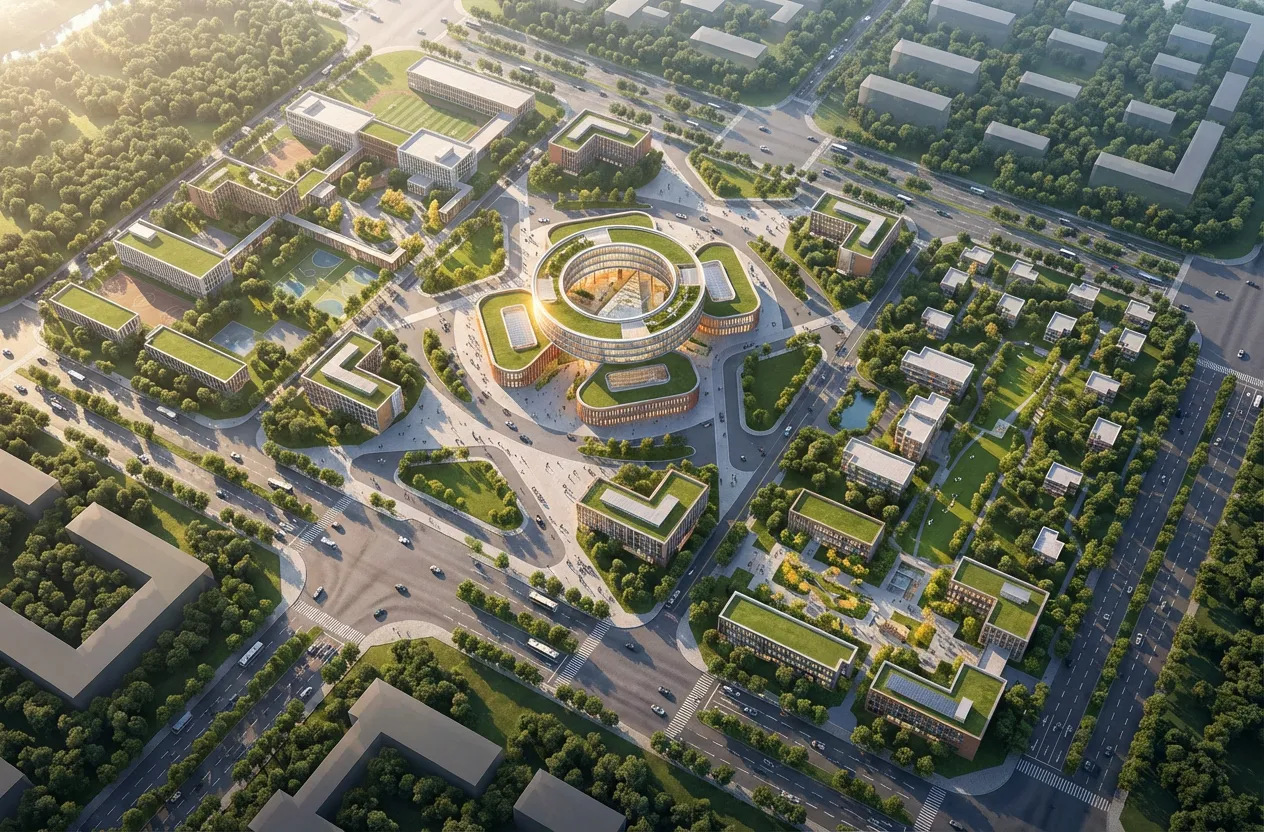 建築設計 &middot; 白模型の俯瞰レンダリング &mdash; 把这张简化体块总平面图，转化为一张真实感强的现代校园鸟瞰效果图，保持原有总平面布局、道路关系和中心环形主建筑不变，采用高空斜俯视航拍视角。白色体块细化为现代建筑群，中心建筑突出地标