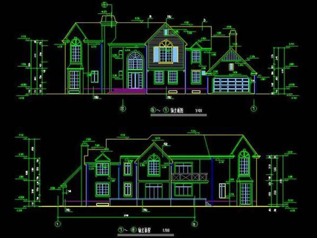 建築パース &middot; CAD立面レンダリング &mdash; 请根据CAD立面图生成写实的建筑立面效果图，严格按照图片的边线进行生成，上部分是南立面，下部分是北立面，欧式风格，写实照片，4K高清