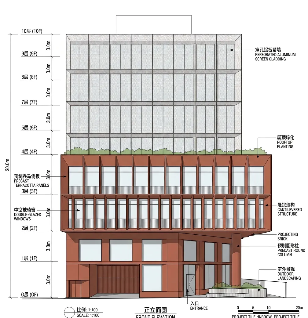 建築分析 &middot; 立面図の生成 &mdash; 生成图片中建筑的正立面图，建筑技术图纸风格，建筑每层高度为3米，要有中英文标注，尺寸，以及材料做法。