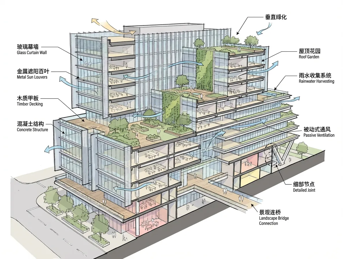 建築分析 &middot; 断面ダイアグラム &mdash; 生成图片中建筑的剖面透视图，风格按照sasaki的分析图风格，请在分析图上标注材质，绿化，细部做法等。
