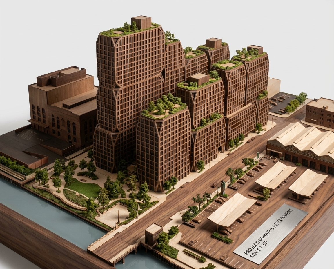 建築分析 &middot; 手作り模型風 &mdash; 把建筑照片转化为实体模型风格，将真实的 【Gowanus Development 】建筑转化为一张超写实建筑模型摄影图。保留多塔、阶梯式体量和高角度轴测视角，建筑整体变为深色木质/