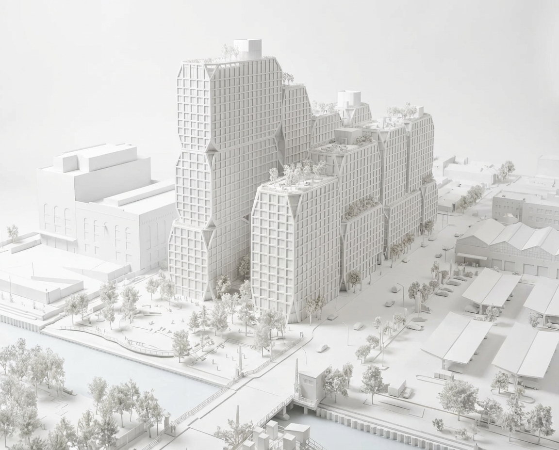 建築分析 &middot; 手作り白模型レンダリング &mdash; 把建筑照片转化为实体建筑白模风格，生成展览级建筑模型摄影图。保留原始多塔、阶梯式体量和城市街区关系，所有建筑、地面和周边环境统一转化为纯白色建筑模型材质，像白色泡沫板、卡纸、树脂和