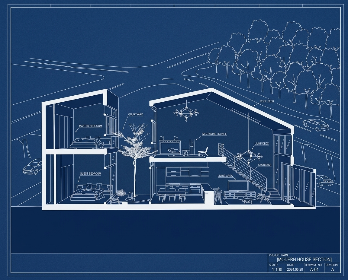 建築分析 &middot; ブルー競技線画 &mdash; 将普通 SU 建筑模型截图转化为一张艺术化的建筑剖透视蓝图风格渲染图，整体严格采用建筑 Blueprint 视觉语言，以深海军蓝和白色为主色调：背景、被剖切的实体体块以及地下部分使