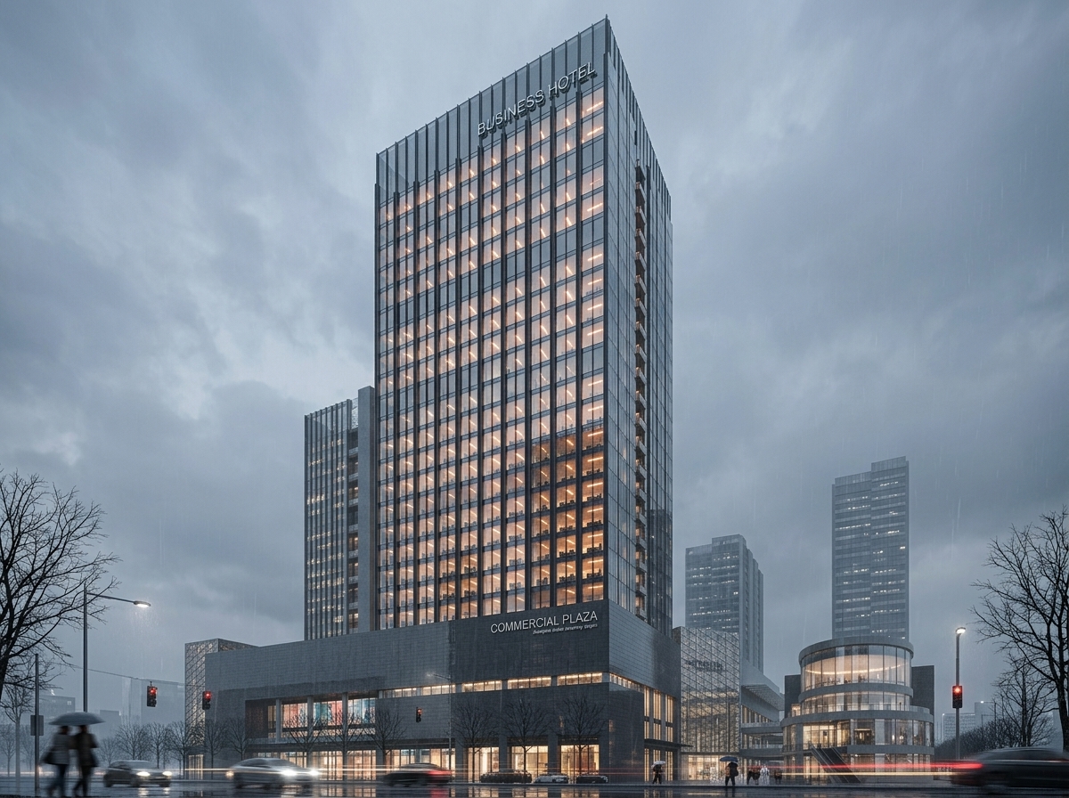 建築パース &middot; 雨の街の情景 &mdash; 把图片1的su草图变成精美的建筑效果图，保持图片1的画面结构逻辑和视角不变，超写实建筑效果图，现代城市办公楼，阴雨天，湿润反光的沥青路面，静谧清冷的都市氛围，大面积玻璃幕墙透出温暖