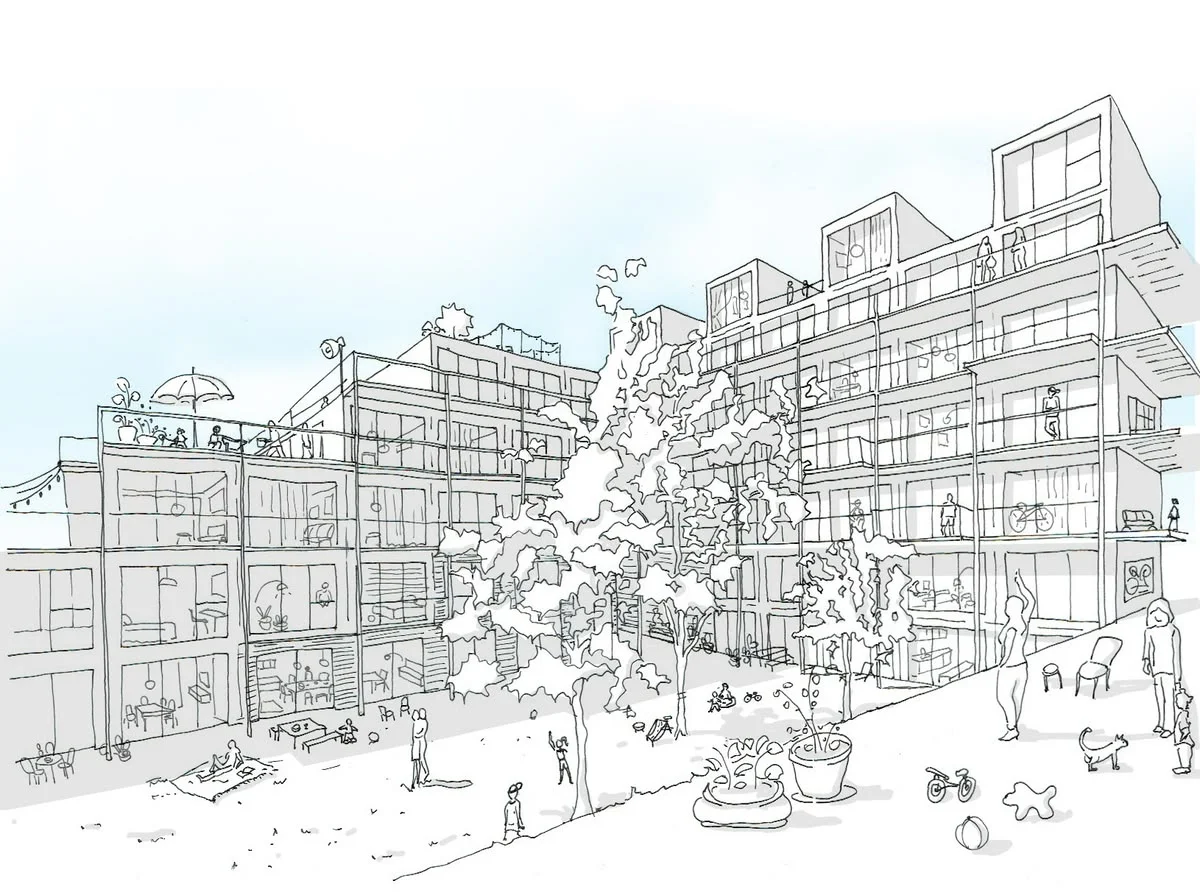 建築パース &middot; 手描きからフォトリアルへ &mdash; 这是一张详尽、广角的建筑和生活场景照片，捕捉了一个现代、堆叠的预制混凝土和玻璃住宅/商业综合体，它围绕着一个繁忙的铺灰色砖块的广场。综合体由多个交锁模块组成，每个模块都有落地窗、木