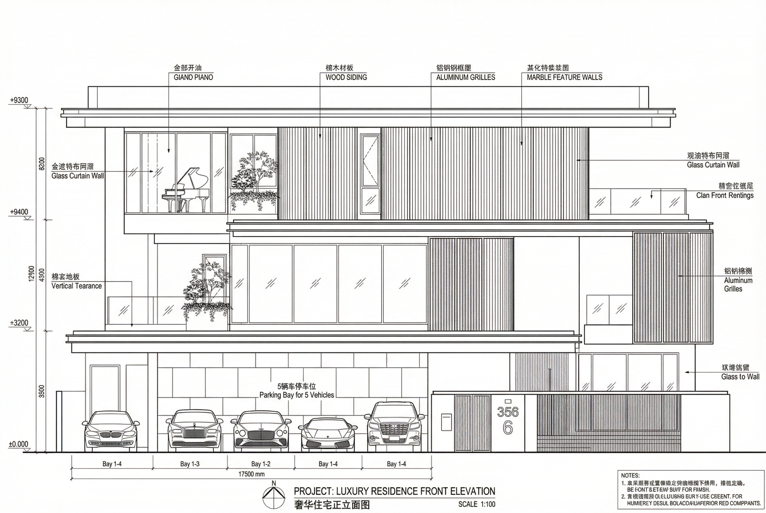 建築設計 &middot; 立面からCAD図面へ &mdash; 把立面效果图转化为一张专业的、现代多层豪华住宅正立面 2D CAD 线条图，其布局和细节精确如 上传的建筑图。建筑是三层（加女儿墙），具有现代堆叠和悬挑块的设计，采用垂直木板墙、铝