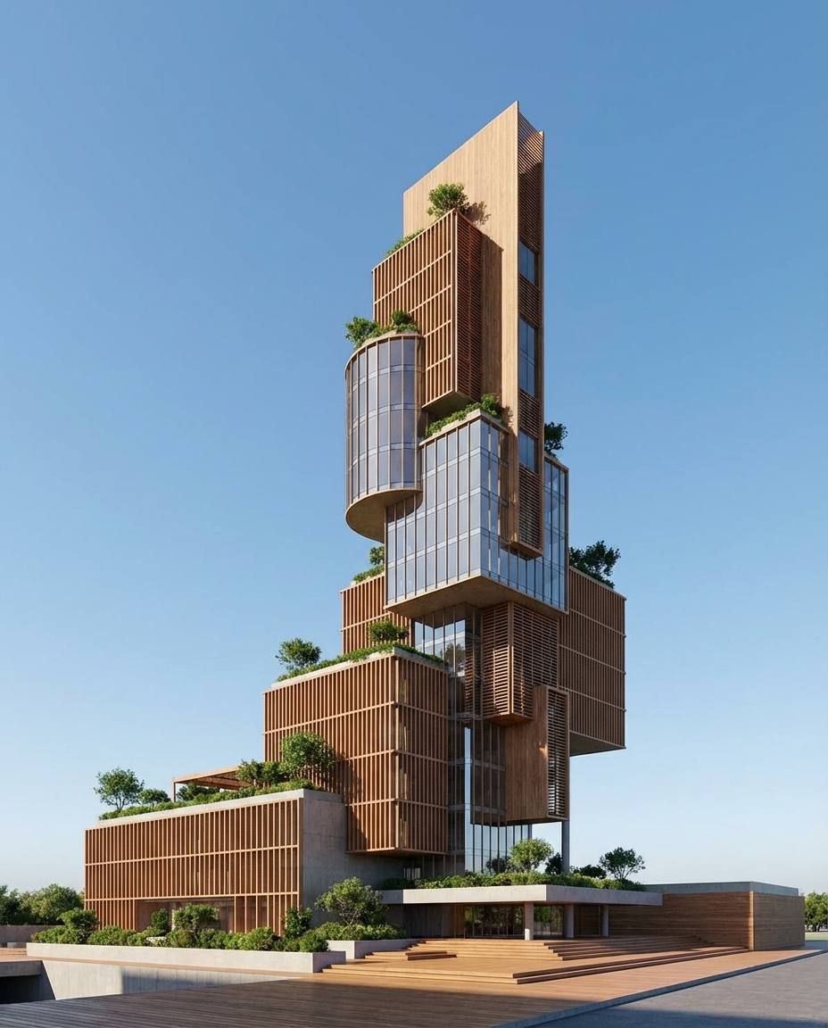 建築設計 &middot; ファサードのスタイル転移 &mdash; 以图片1为唯一的建筑空间结构与体块基础，严格保持所有建筑的体量、轮廓、层数、退台关系、屋顶形状、建筑间距、广场尺度和整体鸟瞰视角不变，禁止改变任何建筑几何。仅参考图片2的立面语言、