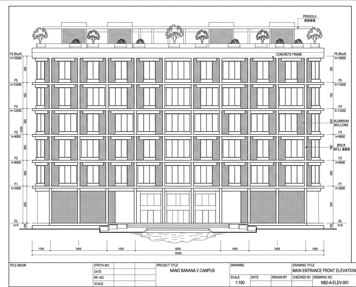 建築設計 &middot; 立面からCAD図面へ &mdash; 用Nano Banana 2生成该建筑的标准正立面 施工图纸，黑白线稿，strict orthographic front elevation, parallel projecti