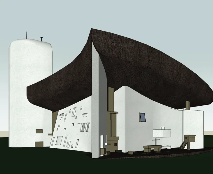 建築設計 &middot; 詳細モデルレンダリング &mdash; 把这张建筑白模生成一张照片级真实建筑外观图，严格保持原建筑体块、曲面大屋顶、塔楼、墙体和视角不变；材质为白色粗粝混凝土墙体 + 深色风化混凝土壳体屋顶；加入真实草地、少量裸土、远处