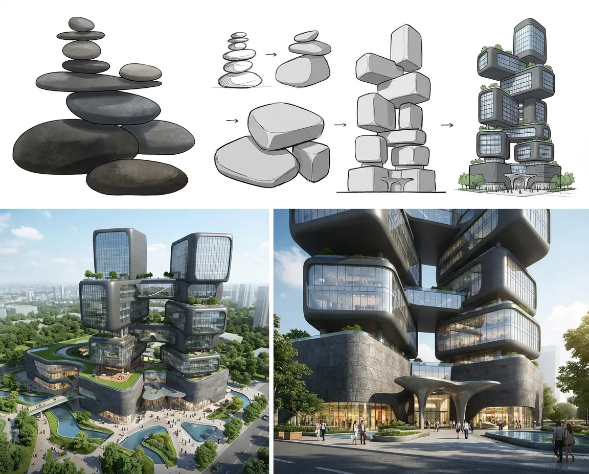 建築アイデア &middot; 積層フォルム &mdash; 根据图片主体的形态特征、堆叠关系、重心变化、表面质感、色彩层次与整体气质，设计一个【商业综合体】建筑方案，以其圆润体量、叠置逻辑、轻重对比和稳定中带张力的构成为主要灵感来源；只做抽