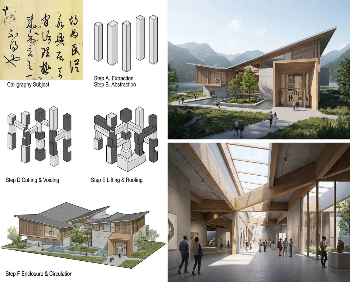 建築アイデア &middot; 書からの建築 &mdash; 根据图片中书法作品的笔势走向、提按转折、墨色浓淡、疏密节奏、留白关系与竖向章法，设计一座【展览馆】。建筑不直接复制具体字形或笔画，而是从书法的结构秩序与空间气韵中提取灵感，重点完成