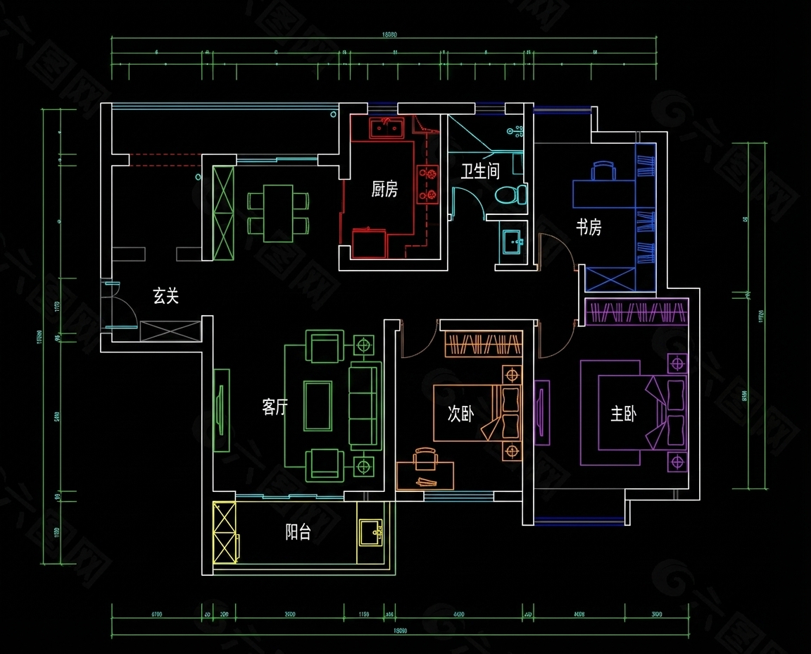 インテリア &middot; CAD平面レイアウト &mdash; 严格依据原始 CAD 户型图生成，不改变承重墙、隔墙、门窗位置和外轮廓。保留 CAD 原始制图语言：黑底、彩色图层线稿、建筑线、门窗线、尺寸线、辅助线。输出必须是彩色 CAD 线稿