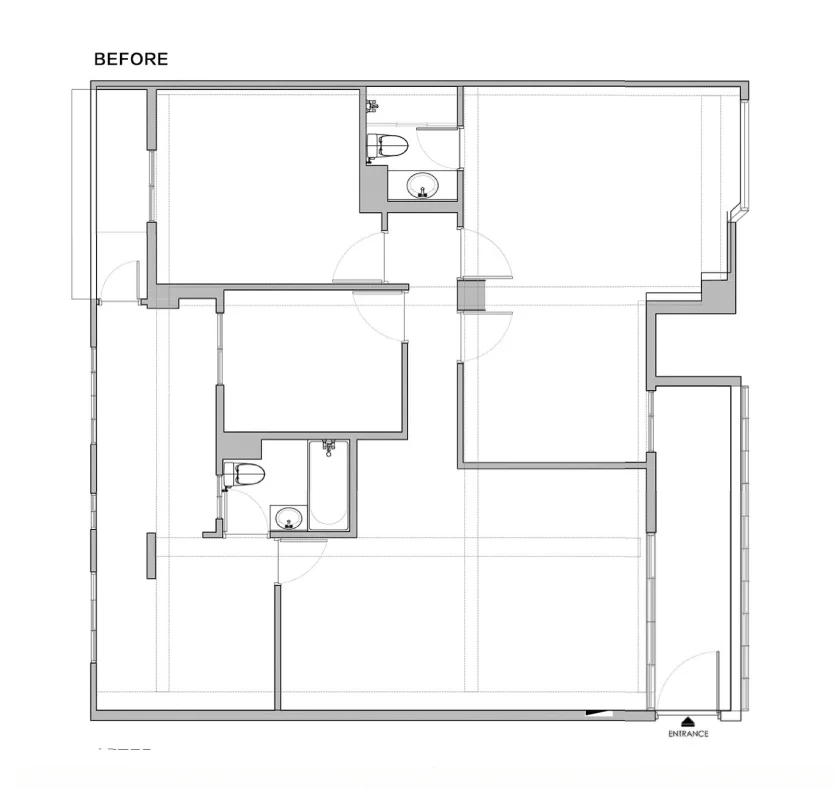 インテリア &middot; CAD平面レイアウト &mdash; 将毛坯户型图转换为专业黑白CAD室内平面布置图，保持原始墙体、门窗、入口和湿区位置基本不变，参考目标图完成完整住宅布局：主卧A、主卧室、新睡室、睡室B、次室、开放式厨房、饭厅、客厅
