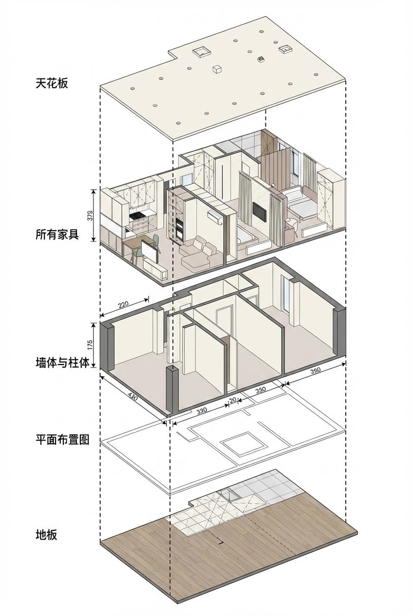 インテリア &middot; モデル分解図 &mdash; 根据室内模型的形态生成风格一致的爆炸图，从下到上形成分级处理，从上到下依次为：1.地板（原图的地面铺装）；2.平面布置图（平面，无厚度）；3.墙体与柱体（不要加地板与家具）；4.沙