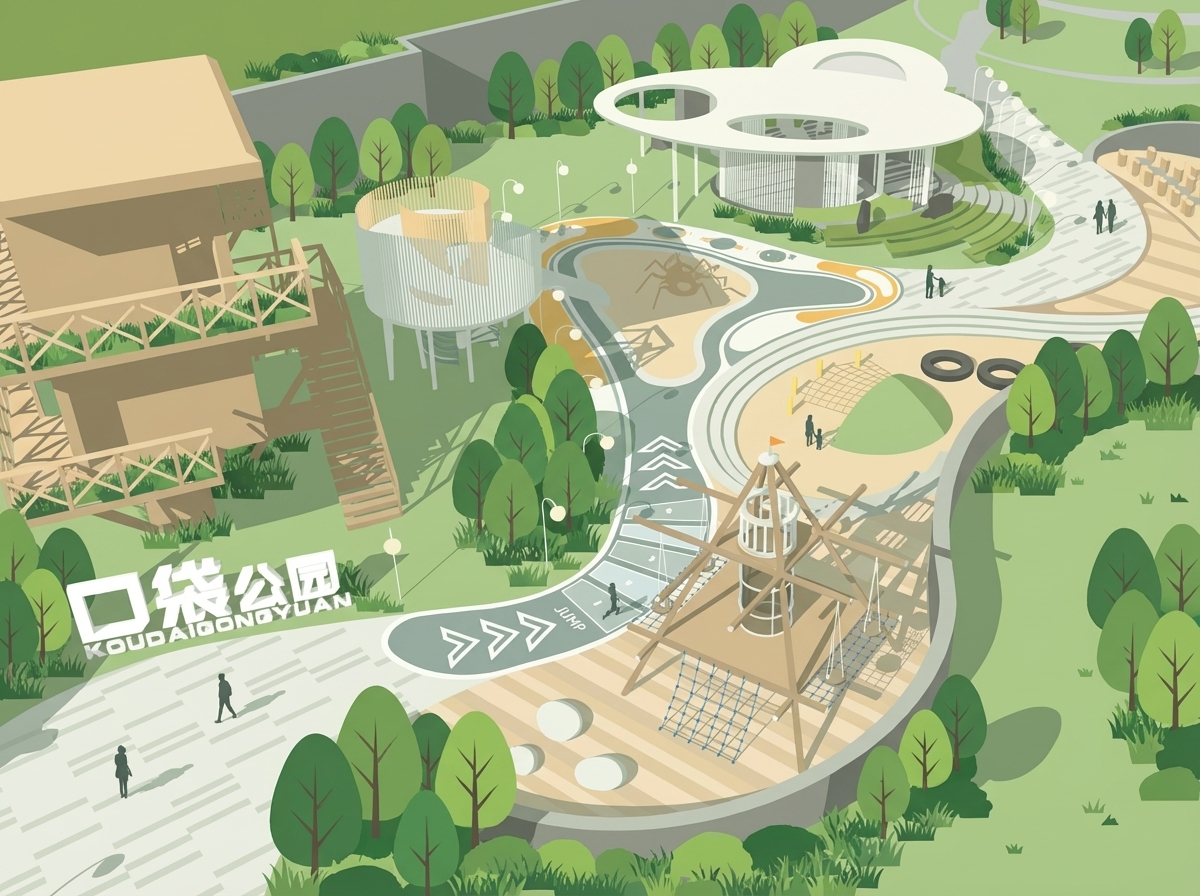 建築分析 &middot; モデルからイラストへ &mdash; 请将输入图中的公园场景转化为高精度扁平化矢量插画风景观图，保持原有构图、视角、建筑、步道、游乐设施、看台、围墙和地形关系不变，将真实材质和复杂纹理统一转译为简洁清晰的几何色块。整体