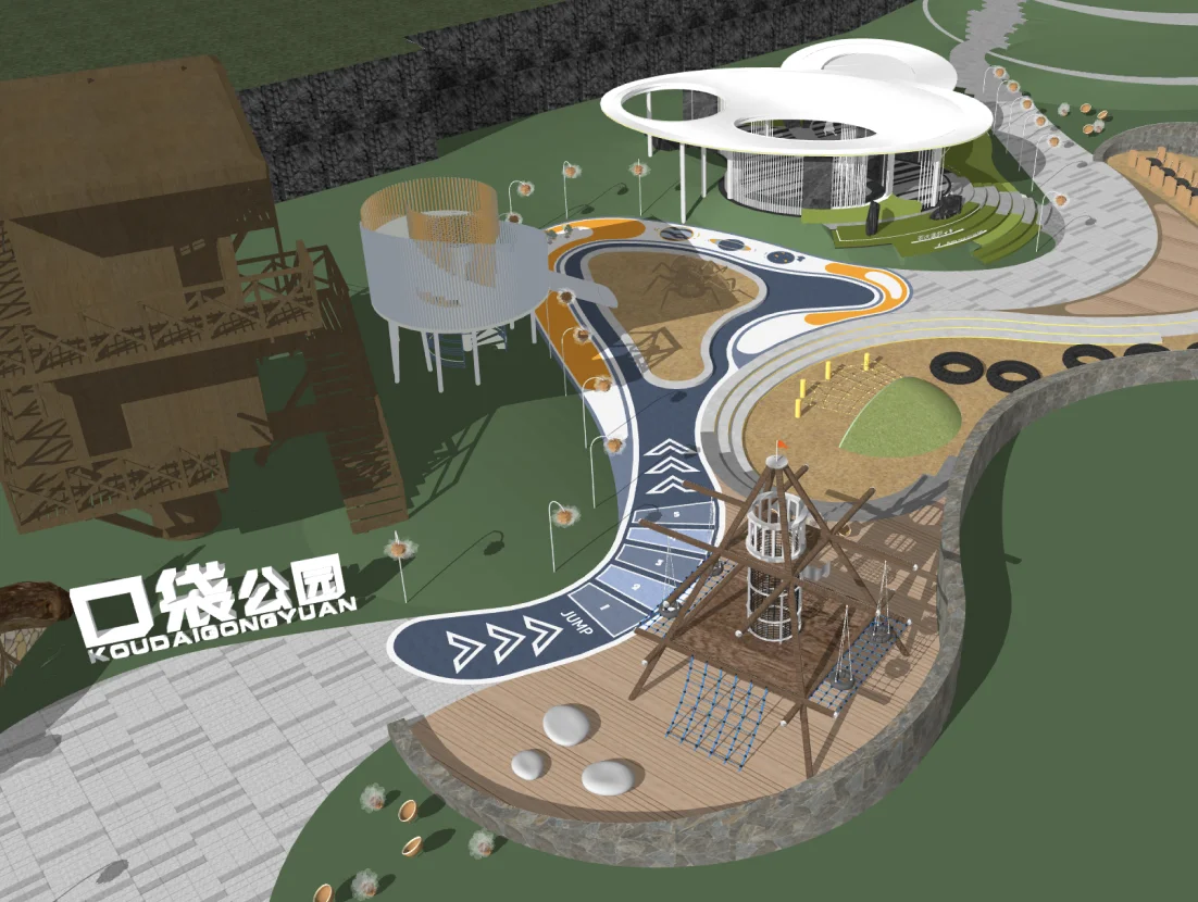建築分析 &middot; モデルからイラストへ &mdash; 请将输入图中的公园场景转化为高精度扁平化矢量插画风景观图，保持原有构图、视角、建筑、步道、游乐设施、看台、围墙和地形关系不变，将真实材质和复杂纹理统一转译为简洁清晰的几何色块。整体