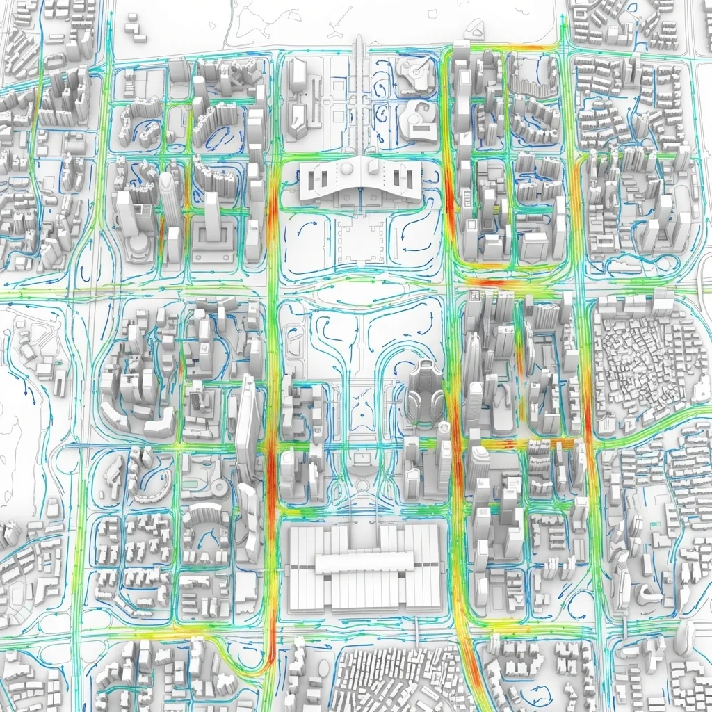 建築分析 &middot; CFD風環境解析 &mdash; 制作【深圳福田区】街区的风环境分析图，城市鸟瞰，平行透视视角，展示真实的复杂的城市模型，城市模型建筑以rhino白模渲染风格，搭配CFD风环境分析图，风环境要覆盖整个城市街巷，不仅