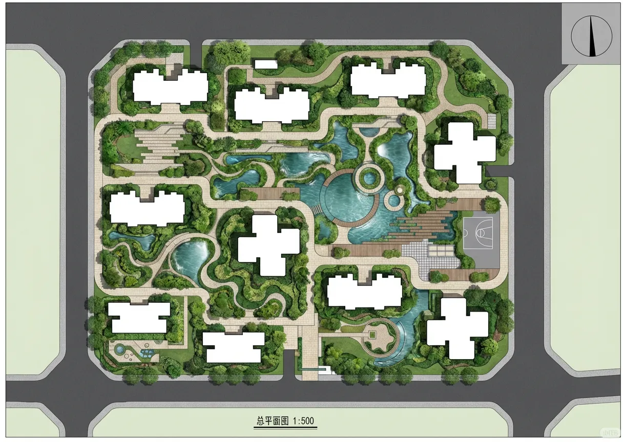 建築設計 &middot; 配置図の彩色 &mdash; 把这张黑底CAD总平面图转成高品质住宅景观彩色总平面图，严格保留建筑、水景、园路和场地布局关系。建筑为白色体块，道路为深灰色，园路为浅米色，绿化层次丰富，水景清透自然，整体效果精致