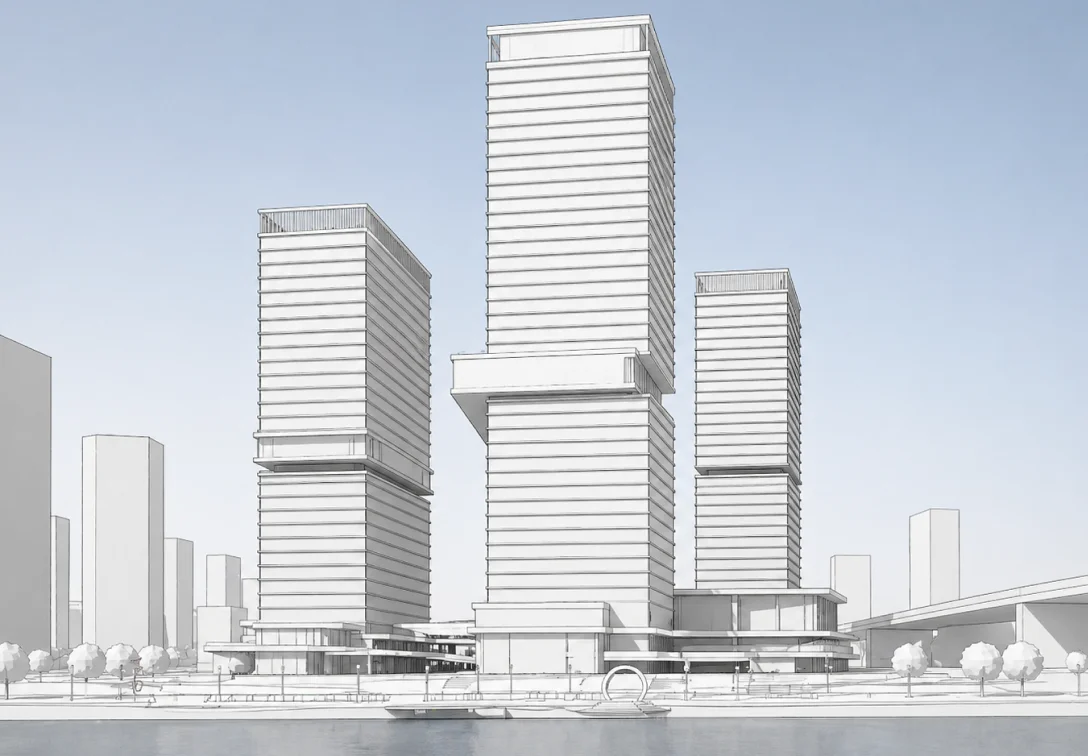 建築設計 &middot; ファサード転移（白模型） &mdash; 将图片2的立面风格迁移到图片1白模中，严格保持图片1的建筑体块、塔楼数量、高度比例、悬挑平台、裙房结构、滨水视角、透视角度和整体构图不变。仅替换外立面设计：采用图片2的通透玻璃幕墙